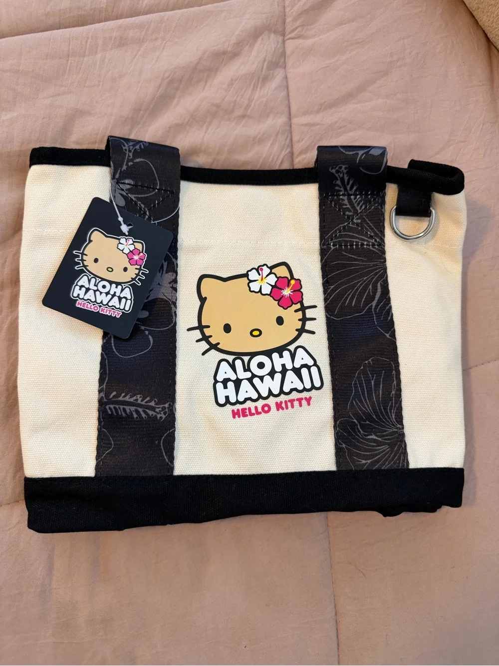 ABC Store exclusive Hello Kitty Aloha Hawaii Canvas Tote Bag in Cream and Black